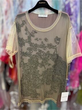 Valentino Beige Mesh T-Shirt Couture Short Sleeve Top with Gray Embellishment